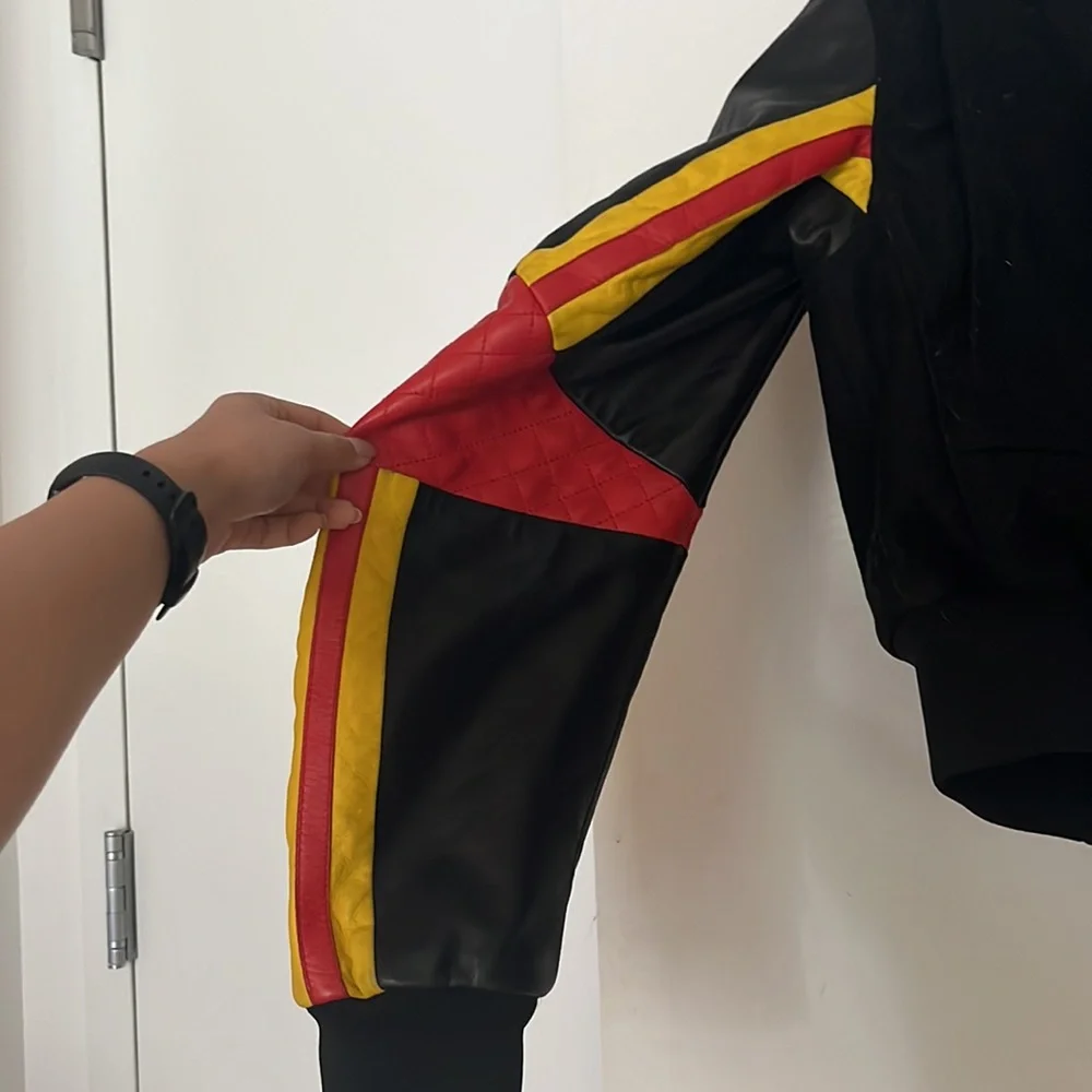 Black letterman jacket moto leather sleeves. Red & yellow piping. Red elbow. - Picture 3 of 4